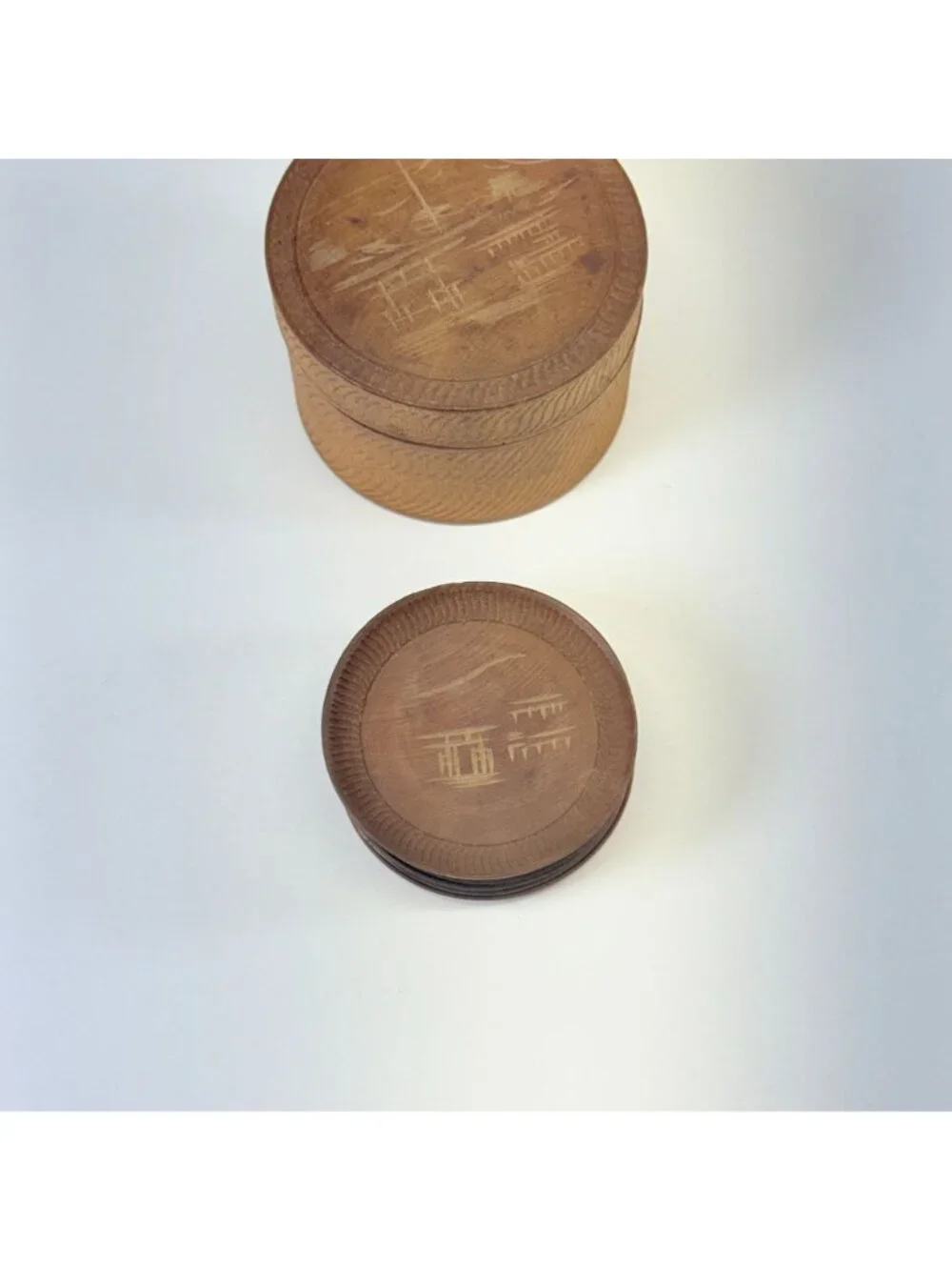 Vintage Japan Miyajima Satsuma Etched Wood Coasters Set Of 7 W/ Lidded Storage B